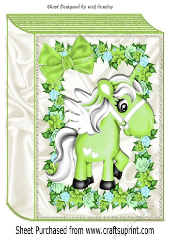 Cute Green Unicorn wih pretty flowers and bow folded book A4 Card front