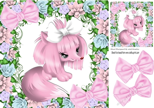 Pink Chihuahua with bows in floral frame 8X8