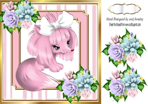 Pink Chihuahua with bows in stripe frame with flowers 8X8