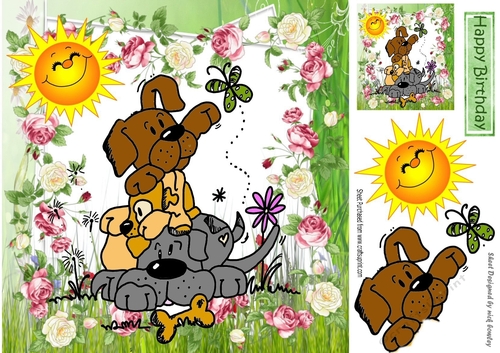 Dogs playing in the garden with smiling sun 8x8