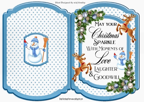 Lovely blue Christmas Bracket card with snowman and deer/sentiment
