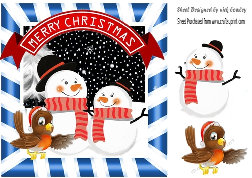 Lovely pair of toon snowmen with robin in striped frame 8x8
