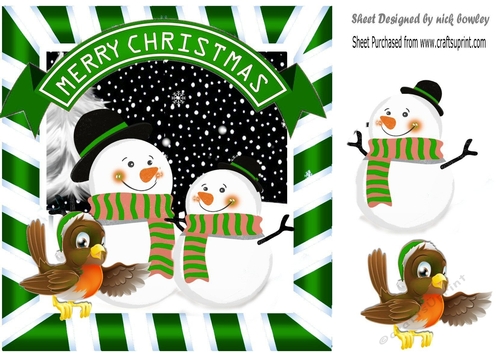 Lovely pair of toon snowmen with robin in green striped frame 8x8