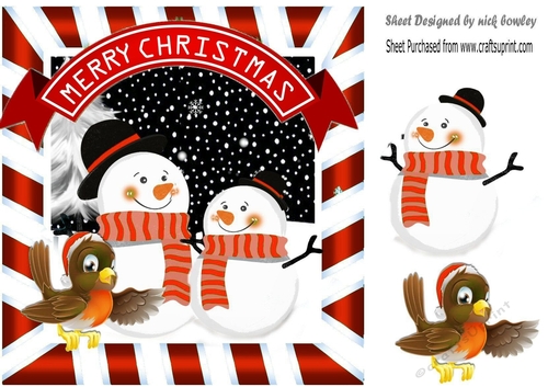 Lovely pair of toon snowmen with robin in red striped frame 8x8