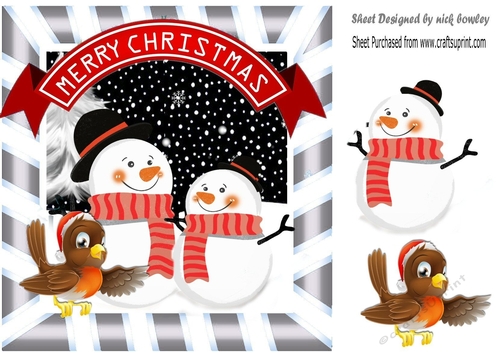Lovely pair of toon snowmen with robin in silver striped frame 8x8