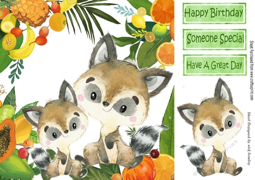 Baby Raccoon with mum in fruit and leaf frame 8x8