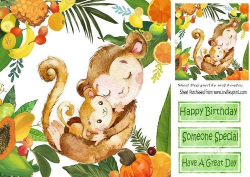 Baby monkey with mum in fruit and leaf frame 8x8