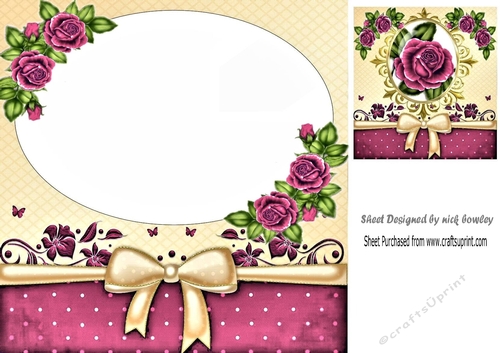 Pretty card front/insert with  corner pink roses/topper 8x8