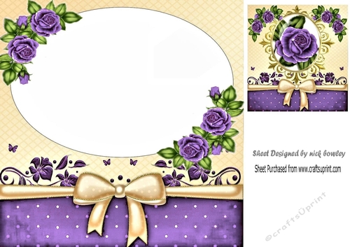 Pretty card front/insert with  corner purple roses topper  8x8