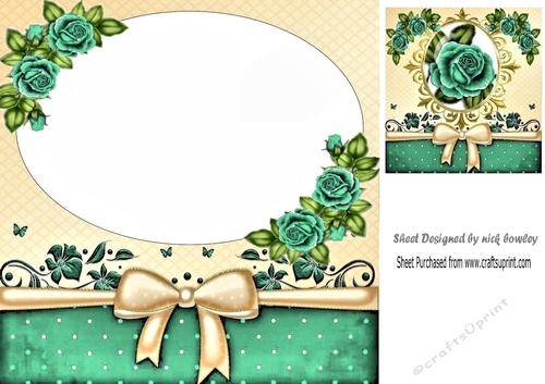 Pretty card front/insert with  corner turq roses/topper 8x8