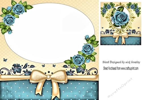 Pretty card front/insert with  corner blue roses/topper 8x8
