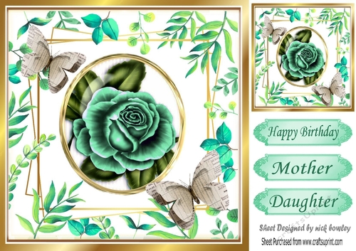 Turq rose with leaves and paper butterflies 8x8