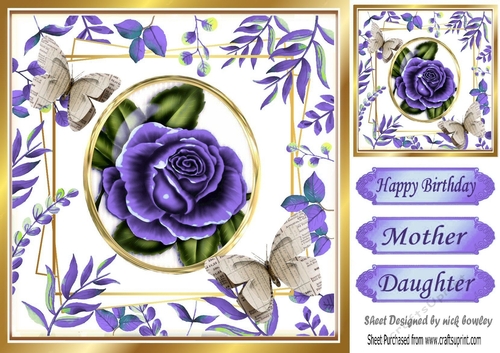 purple roses with leaves and paper butterflies 8x8
