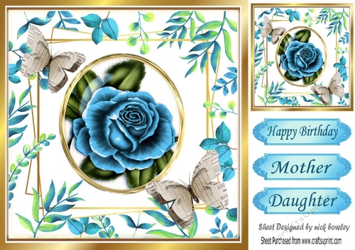 blue roses with leaves and paper butterflies 8x8