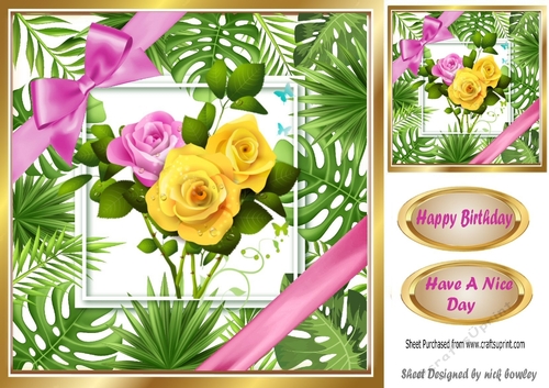 Pretty leaf frame with yellow/pink roses and bow 8x8