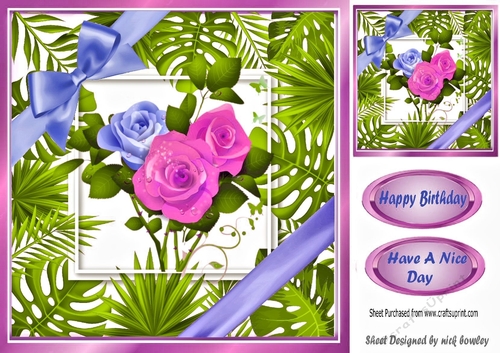 Pretty leaf frame with pink/blue roses and bow 8x8