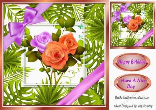 Pretty leaf frame with lilac/peach roses and bow 8x8