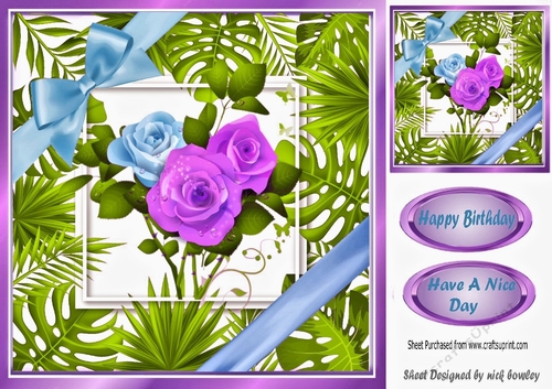 Pretty leaf frame with purple/turq roses and bow 8x8