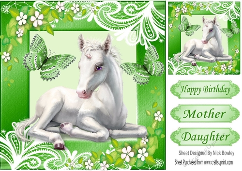 Pretty white unicorn in green ornate frame with butterflies 8x8