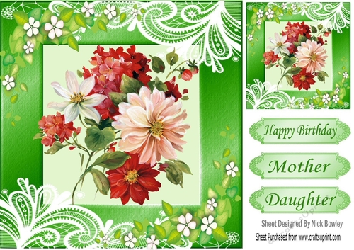 Pretty flowers in green ornate frame 8x8