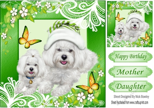 cute westies in green ornate frame with butterflies 8x8