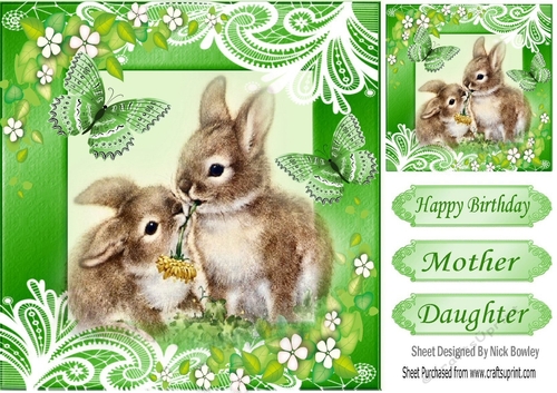 cute bunnies in green ornate frame with butterflies 8x8