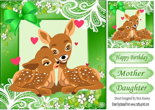 cute pair of deers in green ornate frame with butterflies 8x8