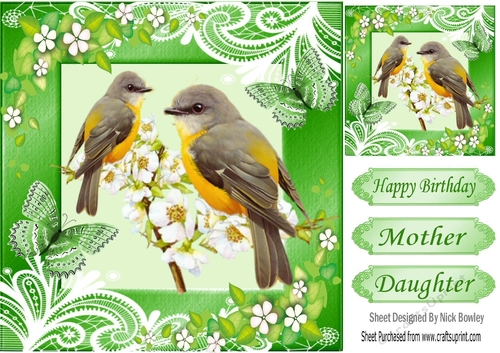 Pretty yellow birds in green ornate frame 8x8