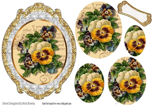 Pretty vintage topper in glitter with pansies on script pyramids