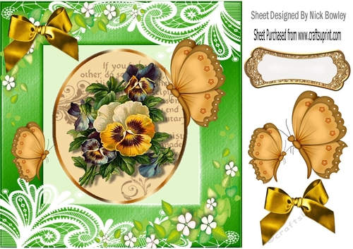Pretty vintage pansies in ornate green with butterflies card front 8x8