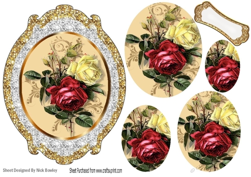 Pretty red/cream roses topper in glitter, wih oval pyramids