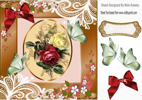 Pretty vintage red/cream roses in ornate green with butterflies card front 8x8