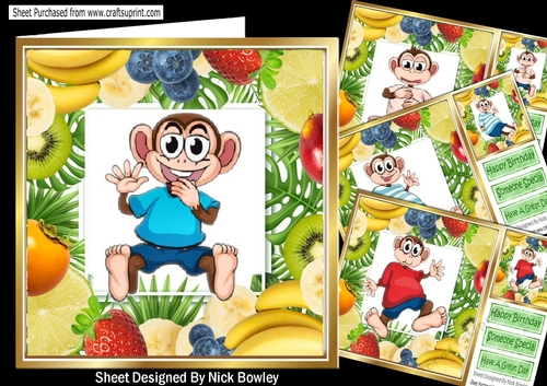 4 Cheeky Monkeys in t shirts in fruit frame 8x8 card/fronts mini kit