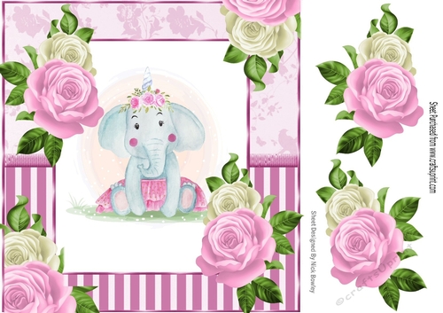Cute water colour ele in tutu with pink/cream roses 8x8