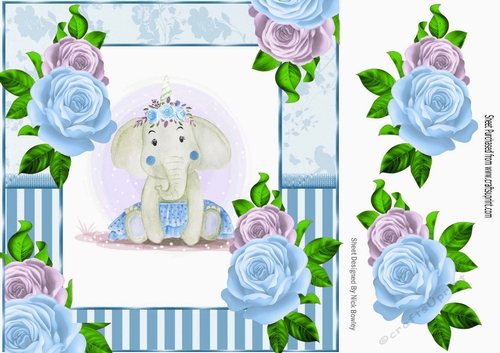 Cute water colour ele in tutu with blue/lilac roses 8x8