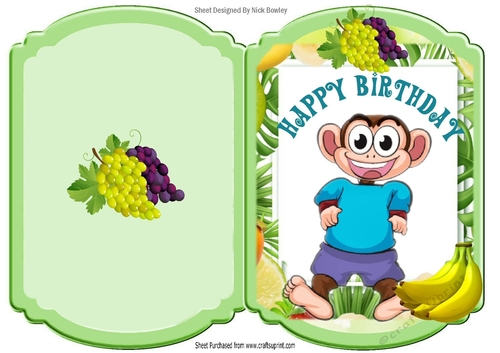 Cheeky monkey in fruit frame bracket card with bannanas blue top