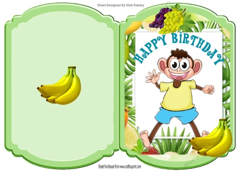 Cheeky monkey in fruit frame bracket card with bannanas yellow top