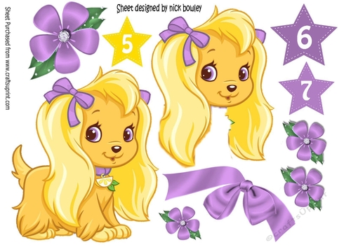 Cute spaniel puppy with  purple bow flowers 5/6/7 age stars