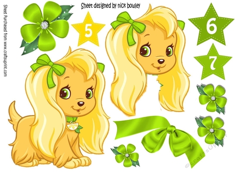 Cute spaniel puppy with green bow flowers 5/6/7 age stars