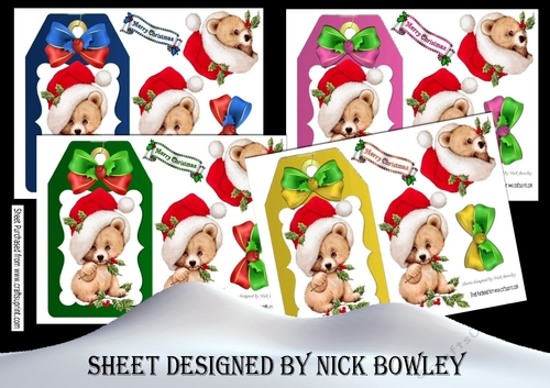 4 Lovely teddies in santa hats on tags with bow (set one) mini kit