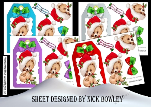 4 Lovely teddies in santa hats on tags with bow (set Two) mini kits