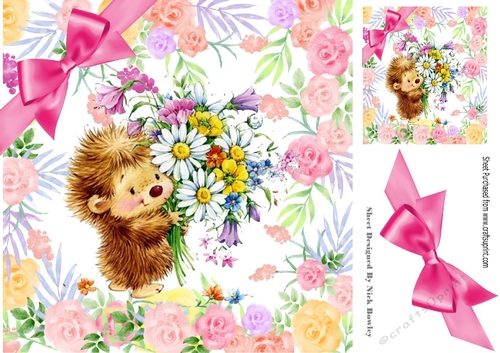 cute little hedgehog with flowers, in flower frame 8x8