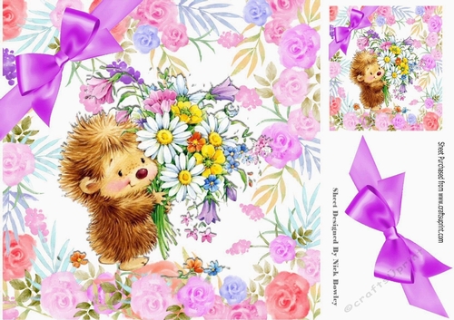 cute little hedgehog with flowers, in flower frame wih purple bow 8x8