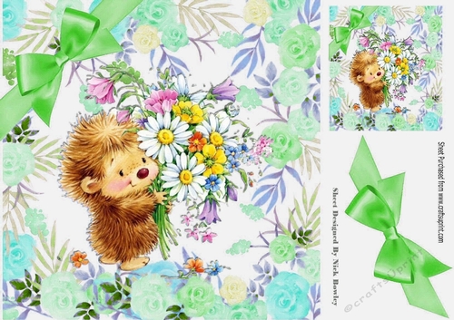 cute little hedgehog with flowers, in flower frame wih green bow 8x8