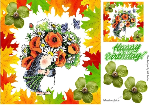 Hedgehog in Autumn leaf frame with flowers 8x8 