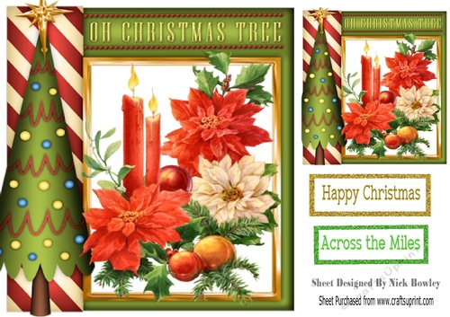 Christmas tree frame with poinsettias and candles 8x8