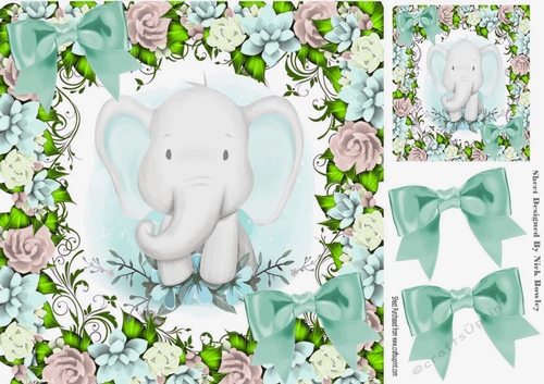 Cute water colour ele in flower frame and turq bows 8x8