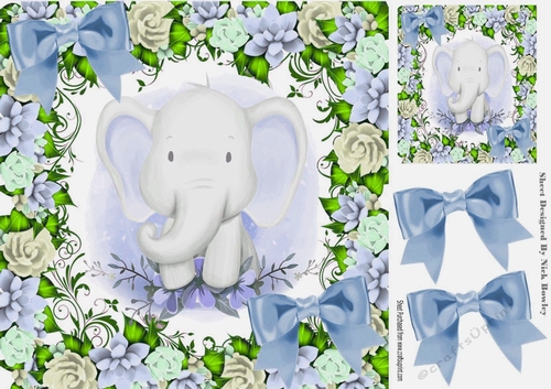 Cute water colour ele in flower frame and blue bows 8x8
