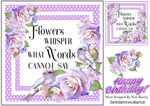 Delicate lilac/pink roses with little birds and sentiment card/f 8x8