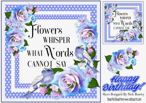 Delicate blue  shade roses with little birds and sentiment card/f 8x8